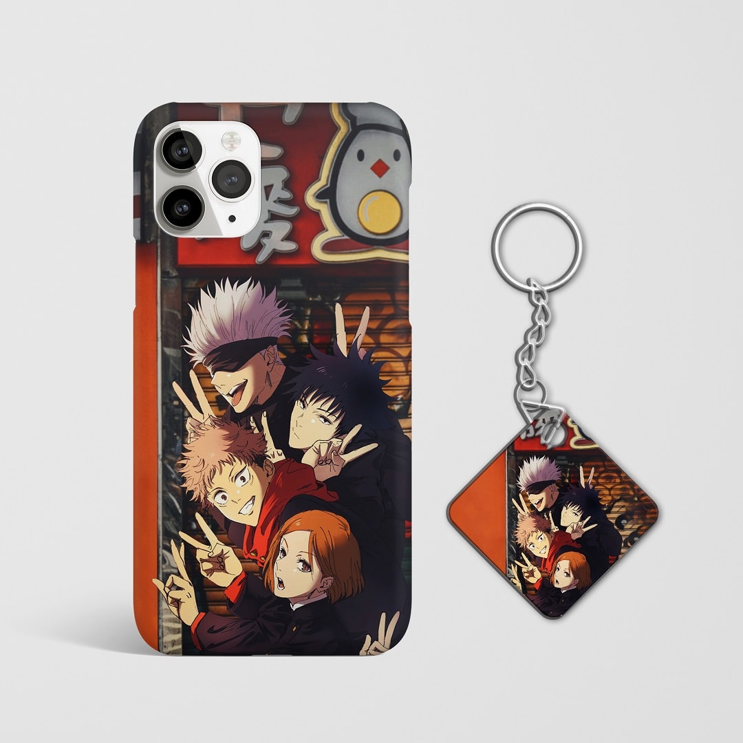Close-up of Gojo and team dynamic artwork on phone case with Keychain.