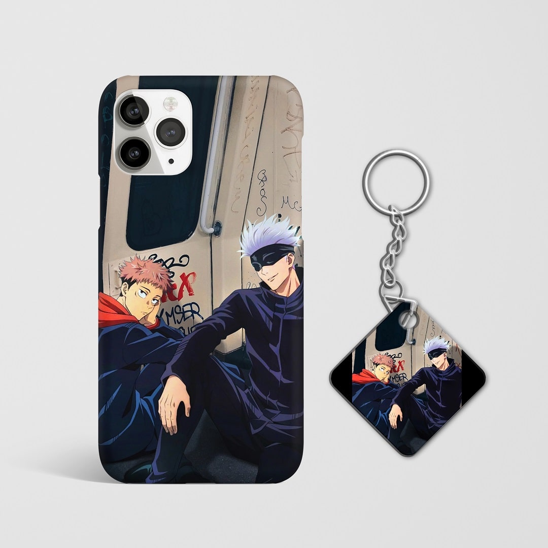 Close-up of Gojo and Yuji dynamic artwork on phone case with Keychain.