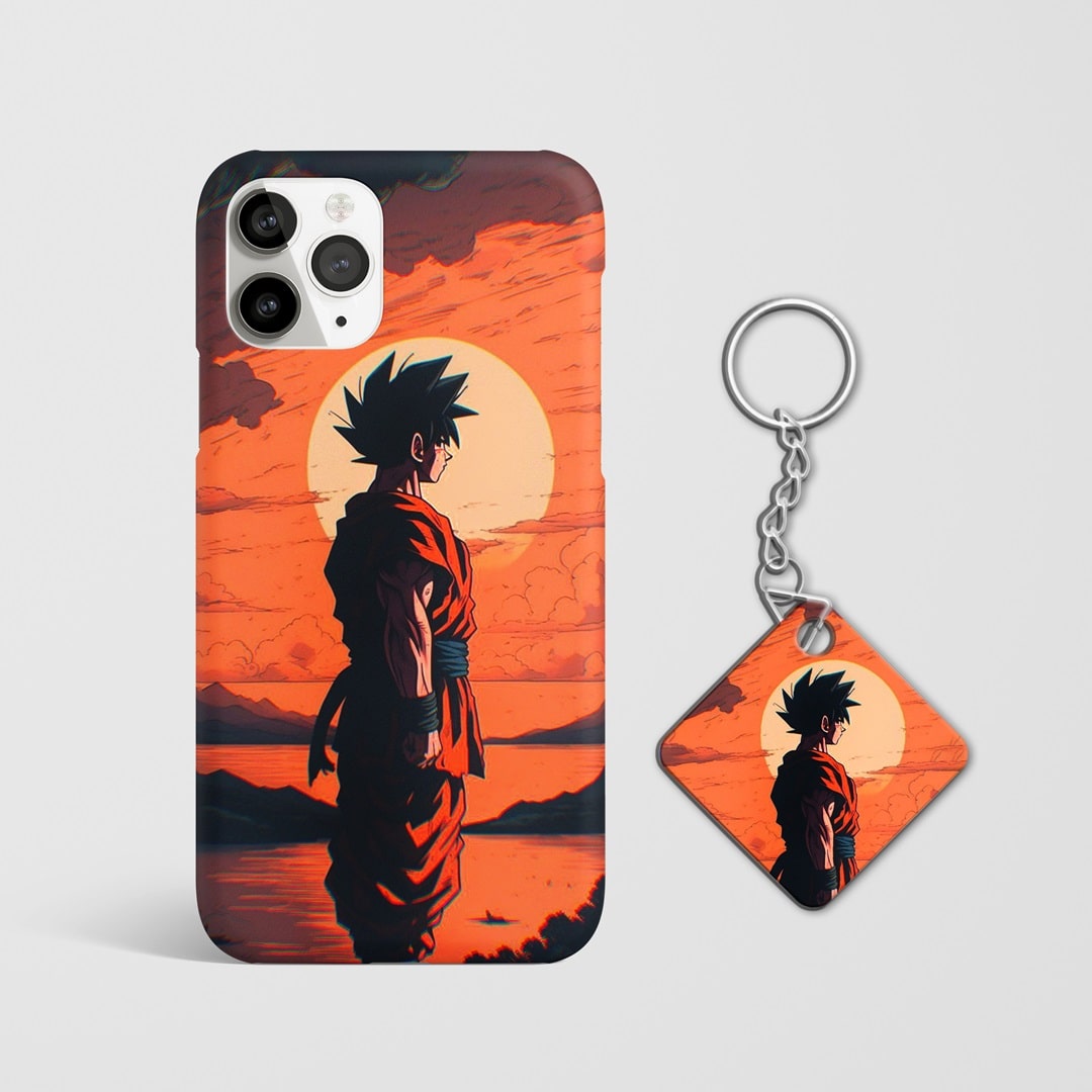 Detailed view of artistic Goku silhouette on aesthetic phone case with Keychain.