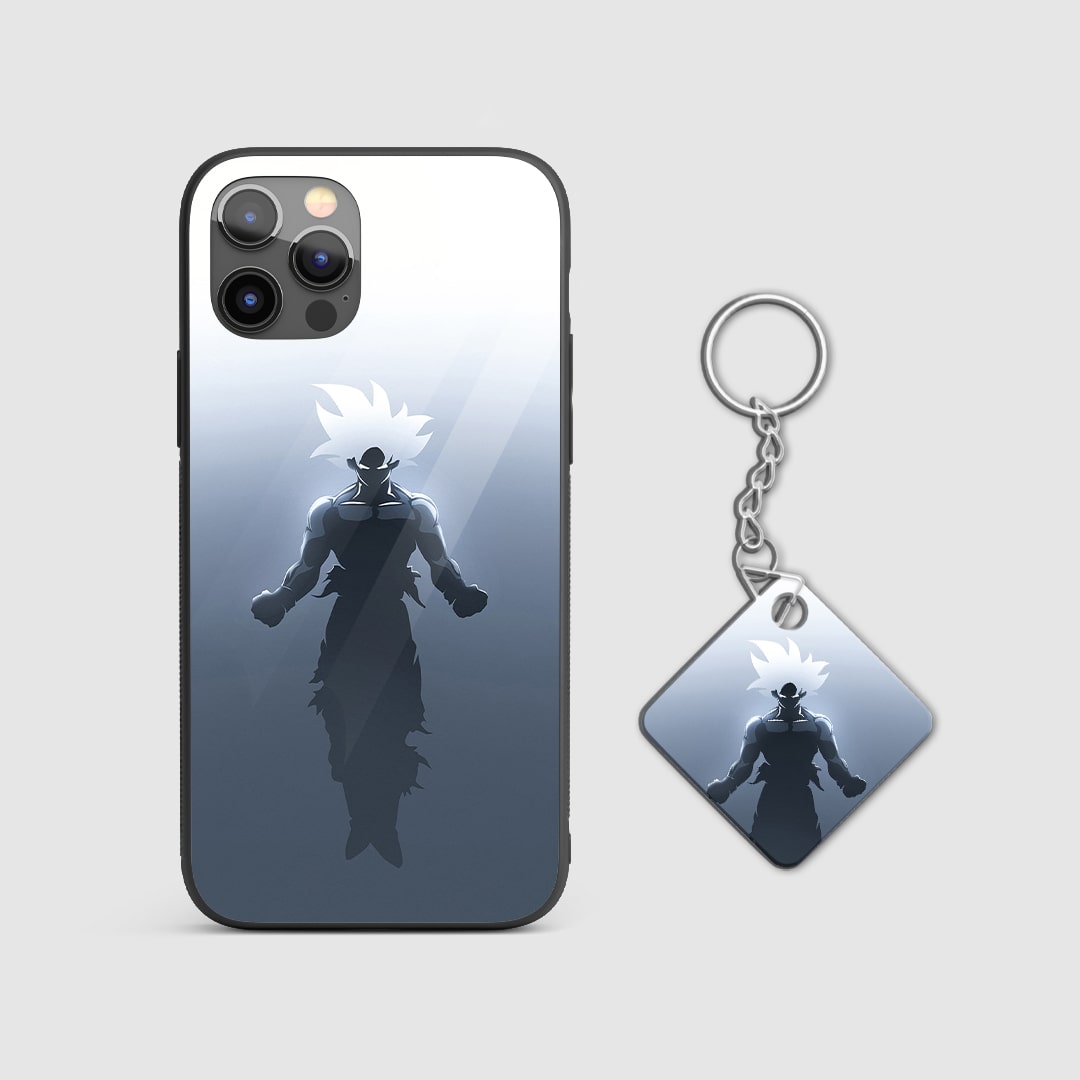 Dramatic and artistic depiction of Goku with dark and light elements on the phone case with Keychain.
