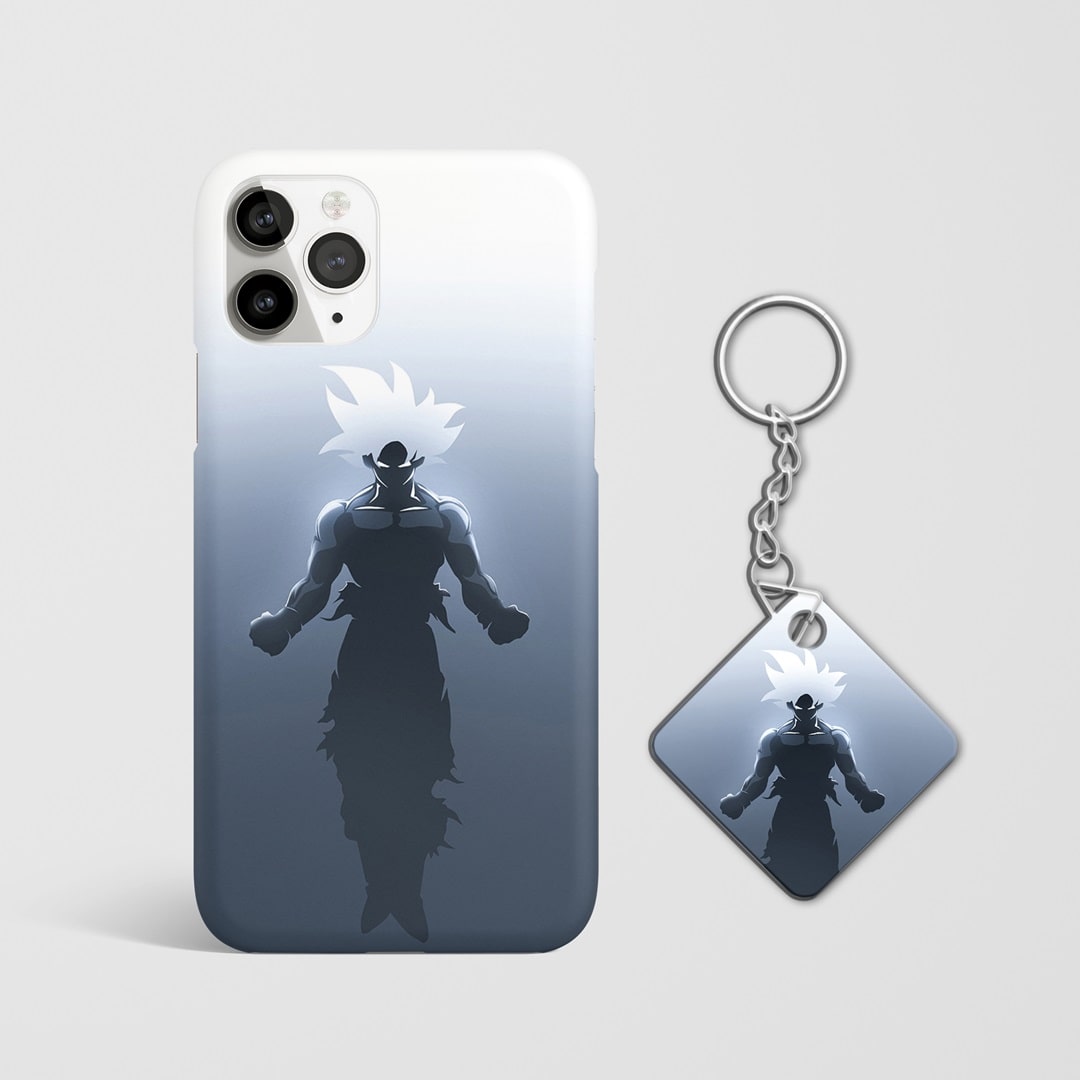 Close-up of Goku's face in a monochrome phone case design with Keychain.