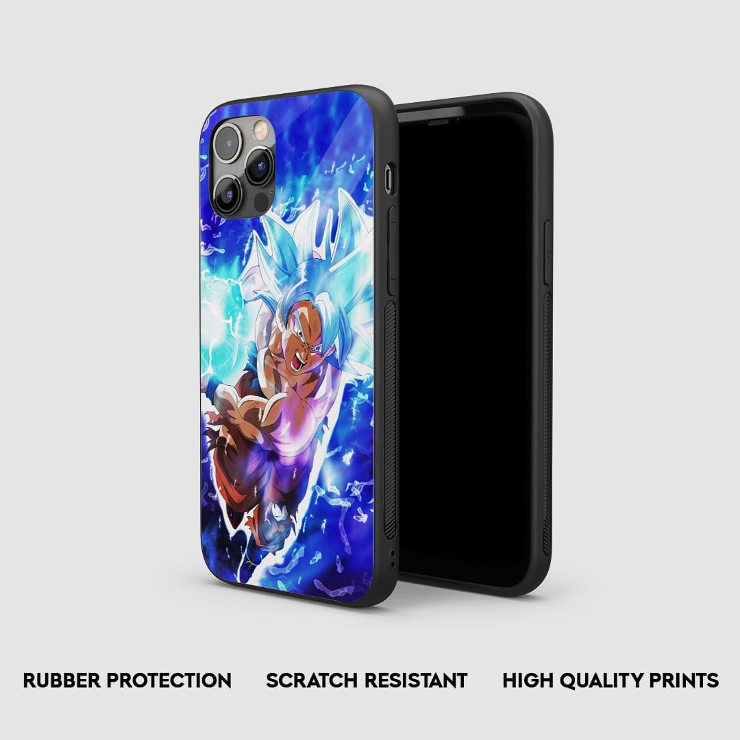 Side view of the Goku Blue Kaioken Armored Phone Case, highlighting its robust protective silicone.