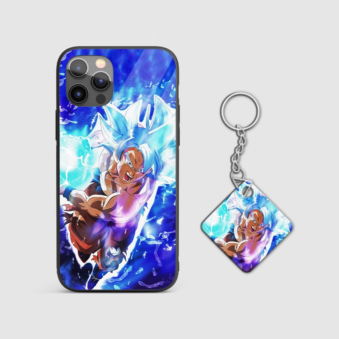 Dynamic artwork of Goku in Blue Kaioken mode on the armored phone case with Keychain.