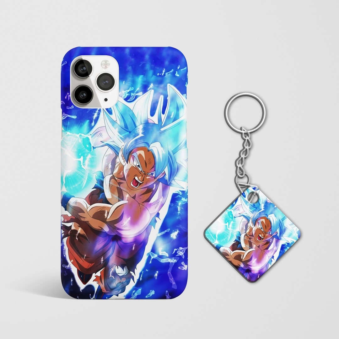 Close-up of Goku's Blue Kaioken transformation on phone case with Keychain.