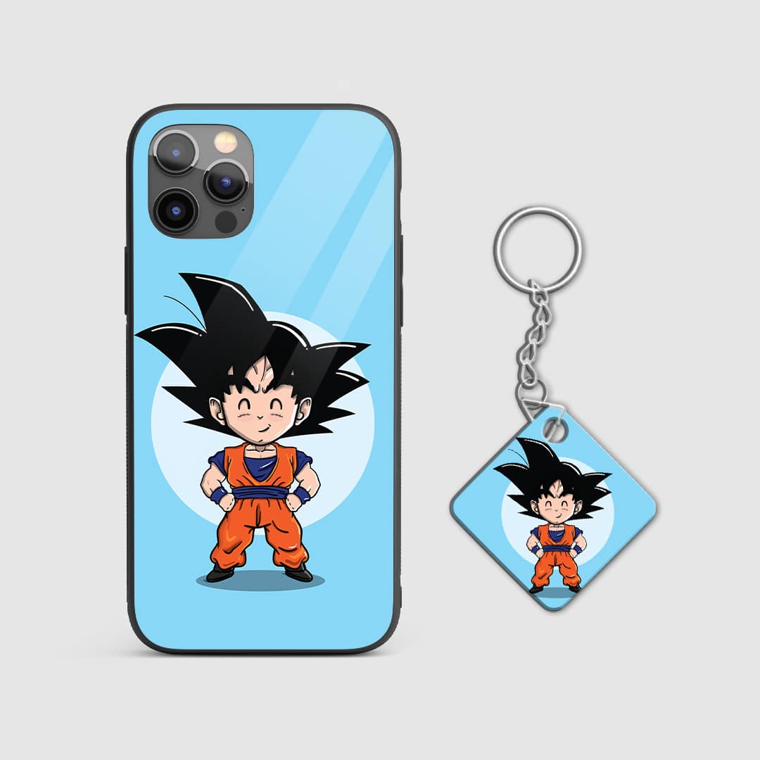 Close-up of chibi Goku smiling brightly on the silicone armored phone case with Keychain.
