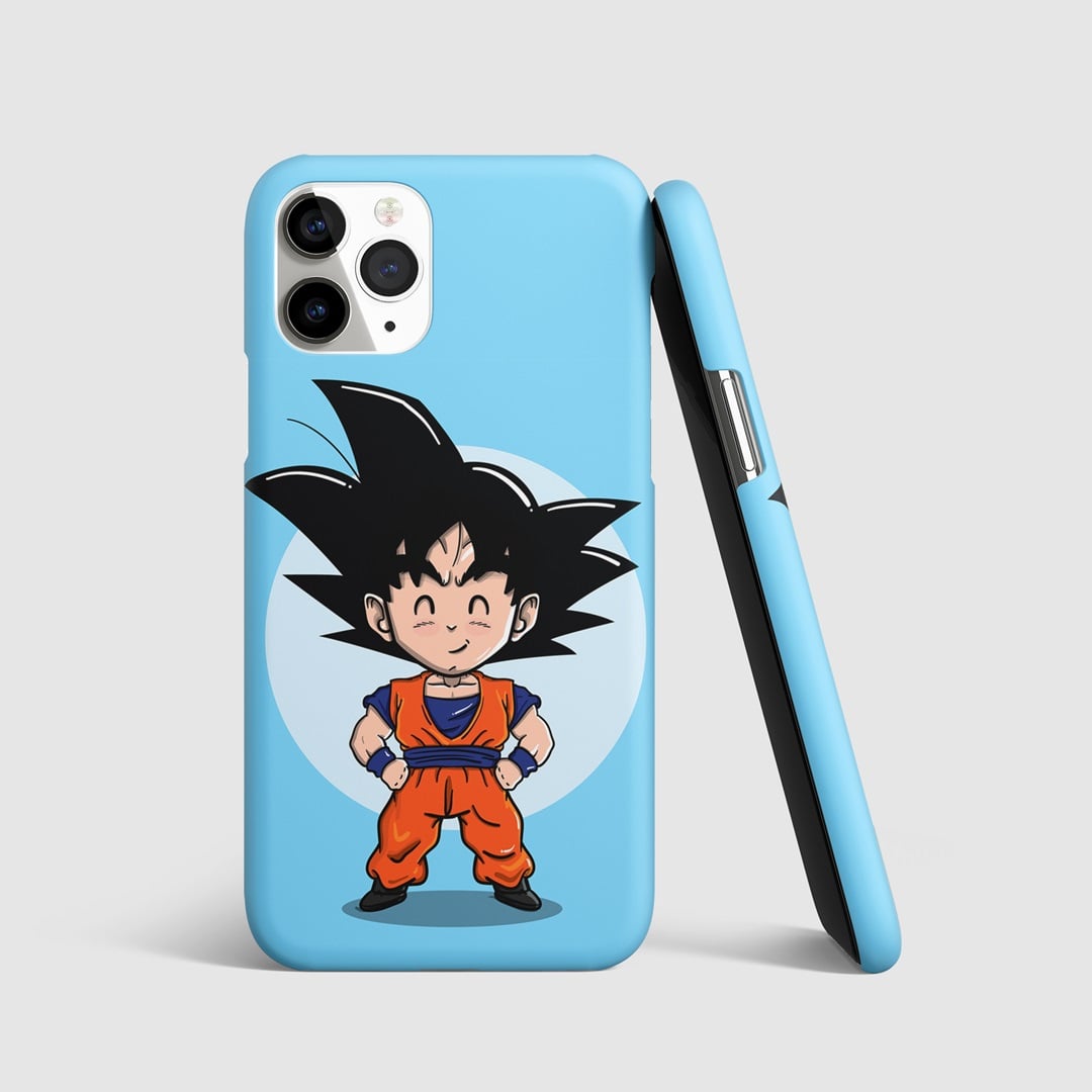 Cute chibi Goku illustrated on a vibrant phone cover.
