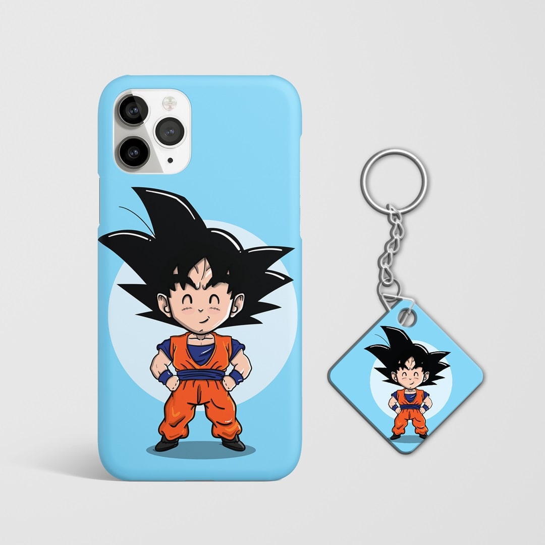 Detailed close-up of chibi Goku smiling on phone case with Keychain.