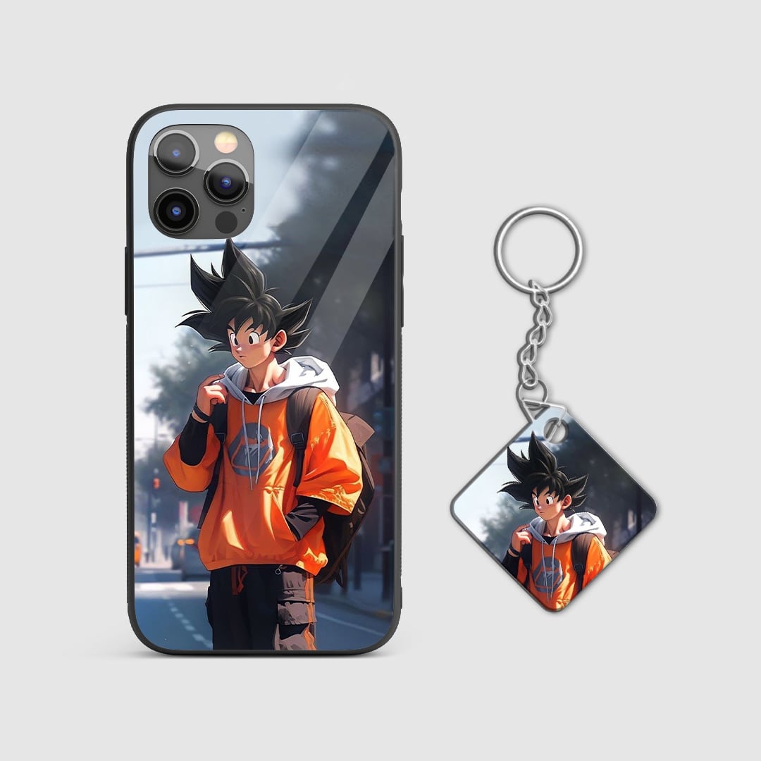 Detailed look at the Goku outfit design elements on the silicone armored phone case with Keychain.