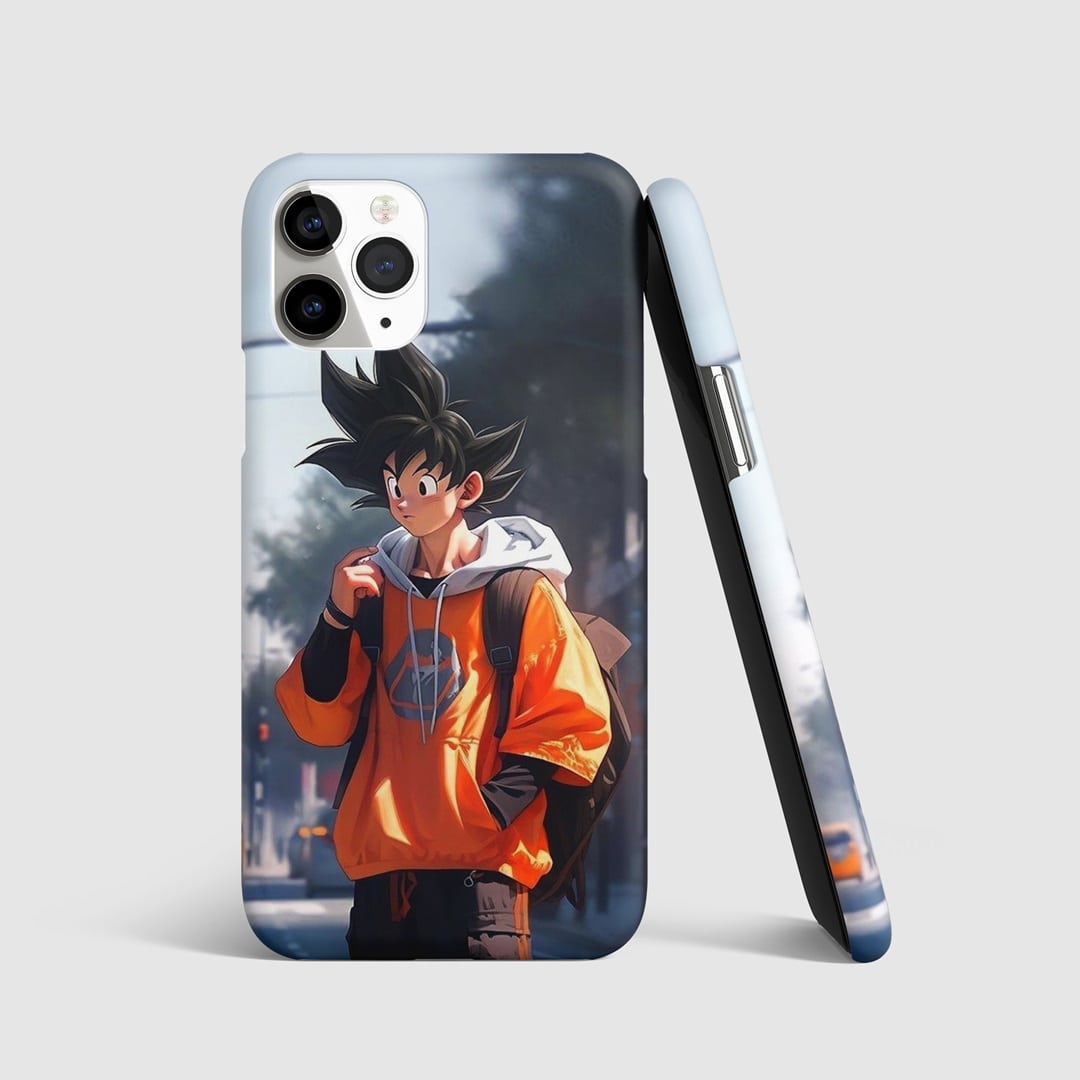 Goku in cosplay attire on a creatively designed phone cover.