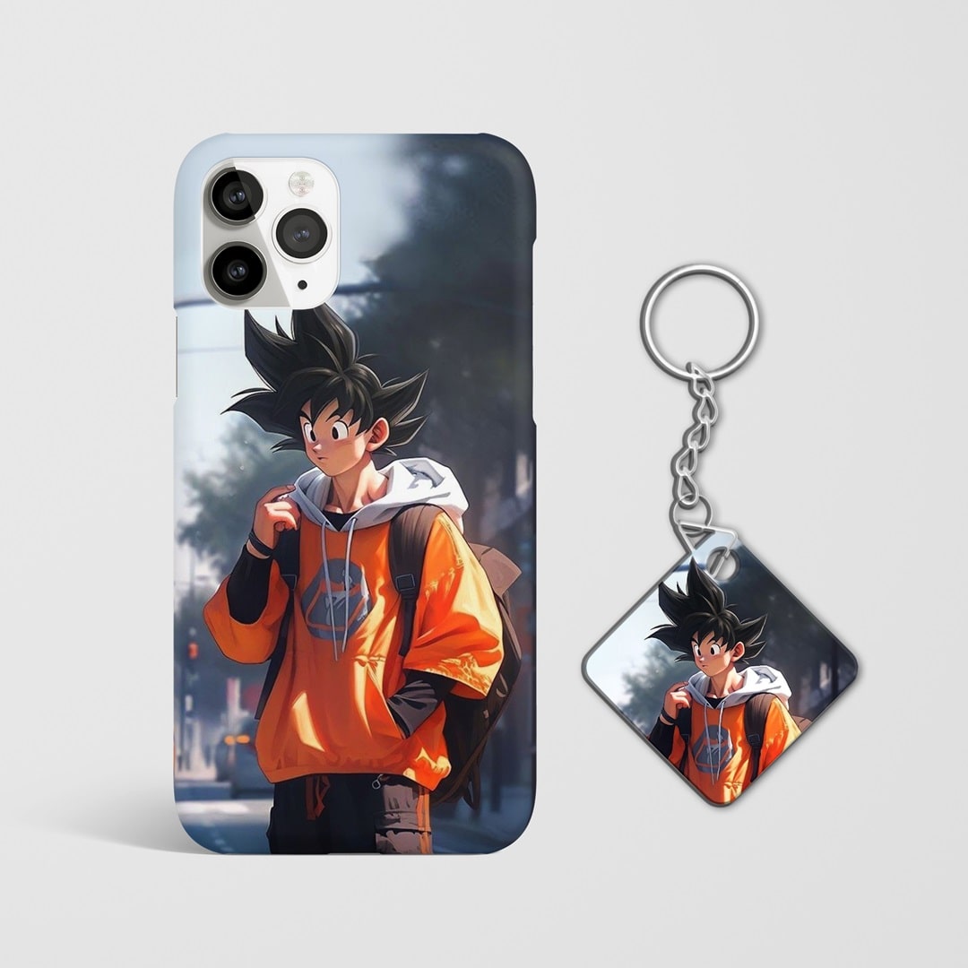Close-up of Goku Cosplay artwork on durable phone case with Keychain.