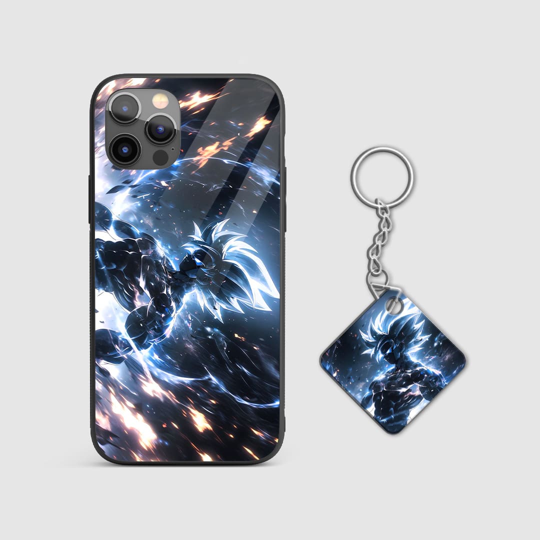 Artistic rendering of Goku in a dark and enigmatic style on the silicone armored phone case with Keychain.