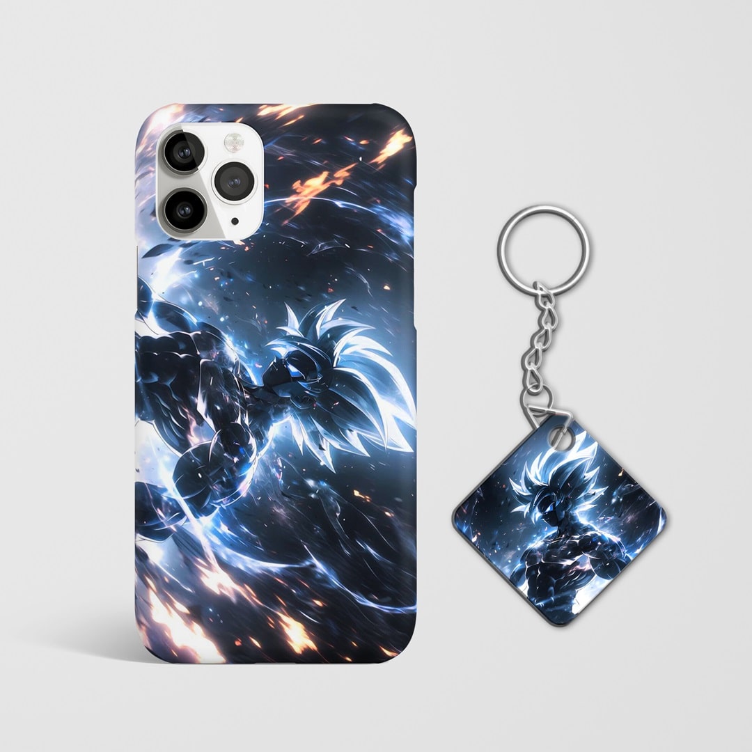 Close-up of Goku's intense expression in a dark design on phone case with Keychain.