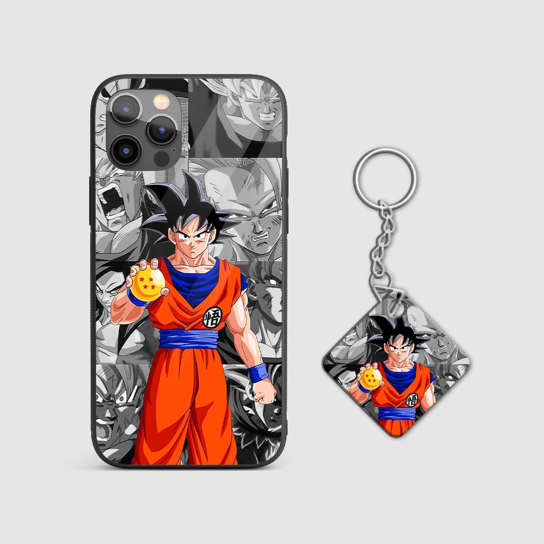 Vibrant artwork of Goku with Dragon Balls on the silicone armored phone case with Keychain.