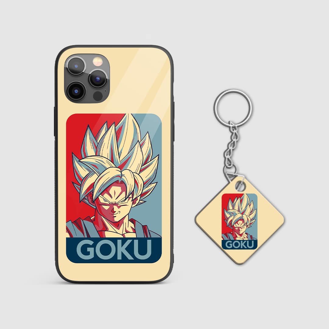 Detailed image of Goku showcasing his Saiyan power on the armored phone case with Keychain.