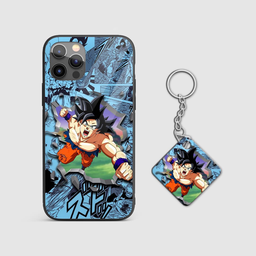 Detailed manga illustration of Goku on the silicone armored phone case, showcasing his dynamic poses with Keychain.