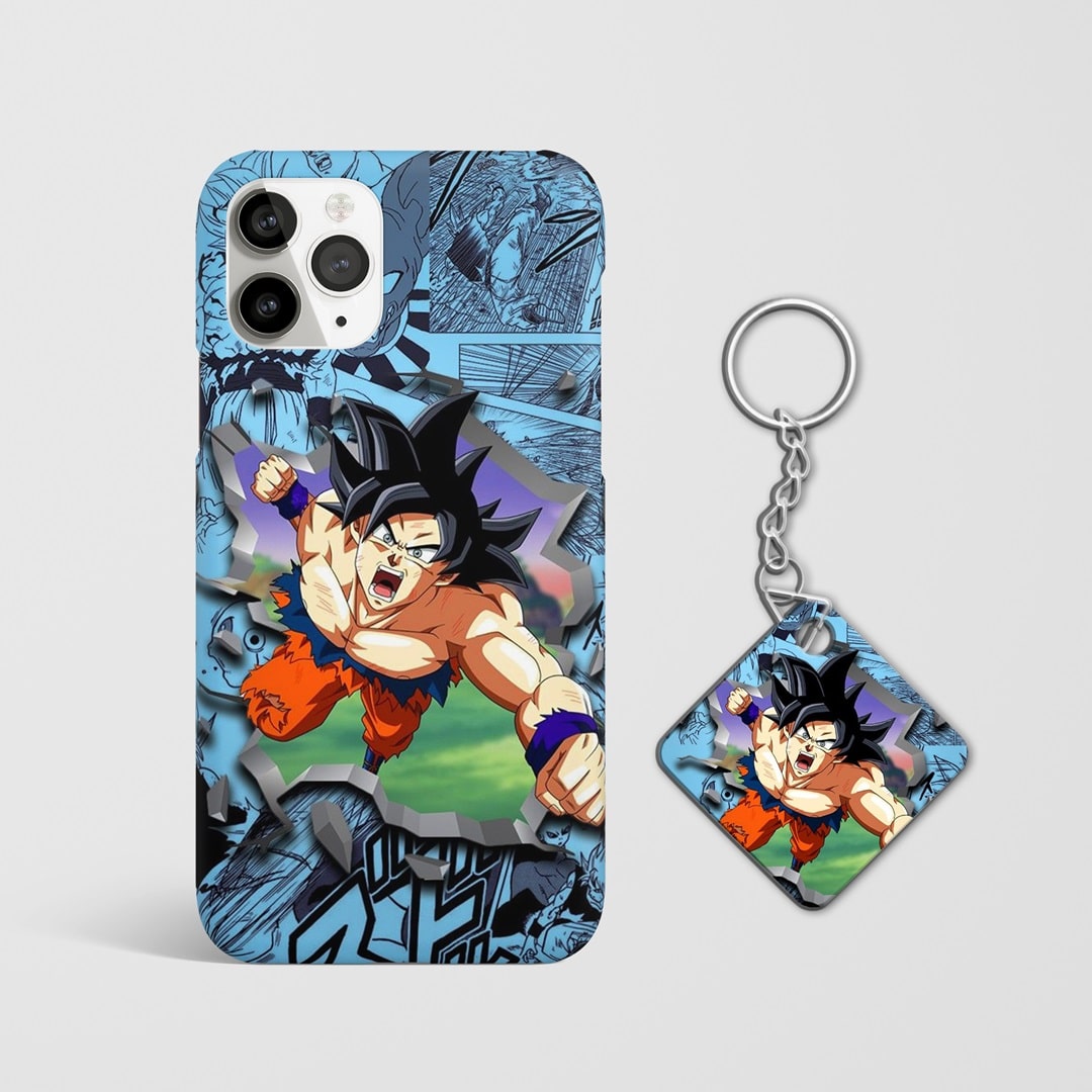 Detailed view of Goku manga illustration on durable phone case with Keychain.