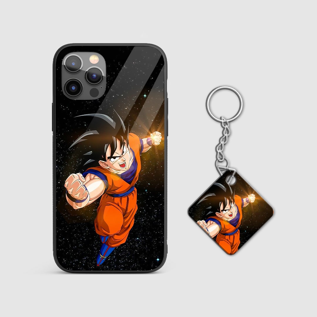 Vivid illustration of Goku in a powerful pose with energy effects on the armored phone case with Keychain.