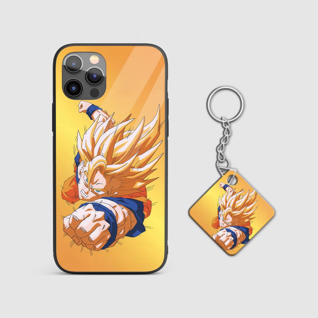 Action-packed illustration of Goku's punch with energy effects on the silicone armored case with Keychain.
