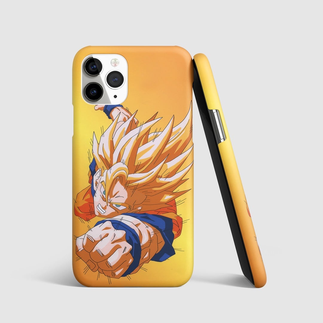 Goku executing a powerful punch on vibrant phone cover.