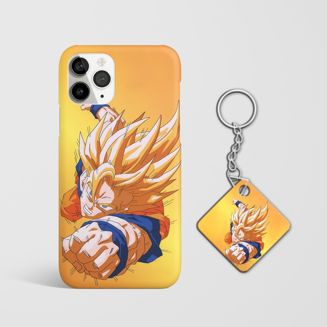 Close-up of Goku's intense punching action on phone case with Keychain.