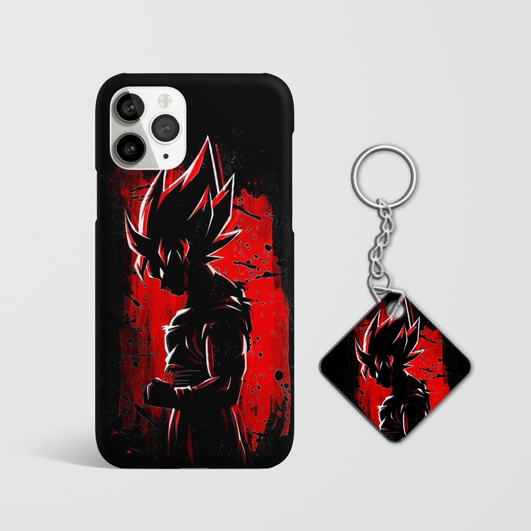 Close-up of Goku's fiery red aura on a protective phone case with Keychain.