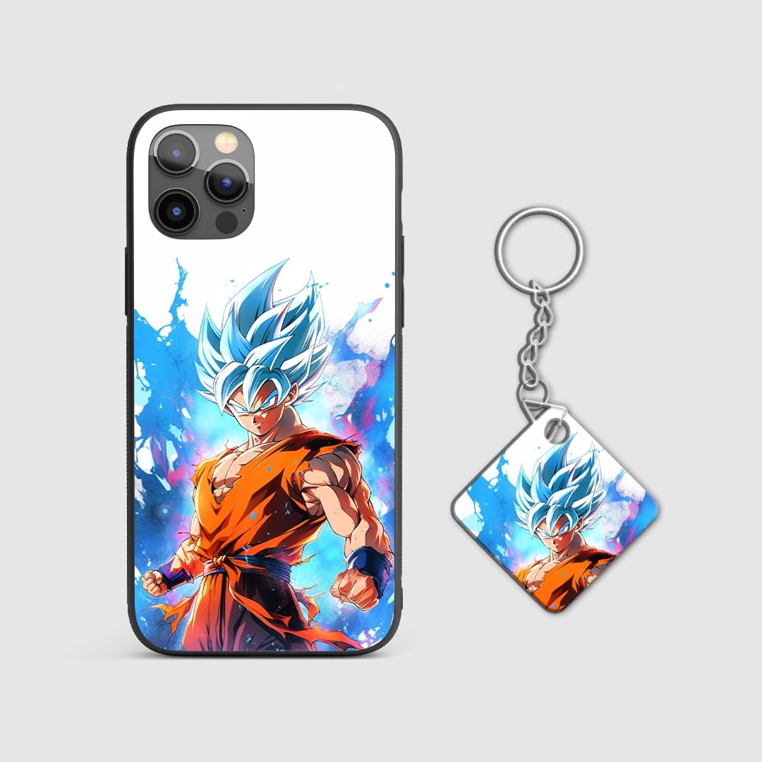 Artistic depiction of Goku and Vegeta as Super Saiyan Blue on the durable phone case with Keychain.