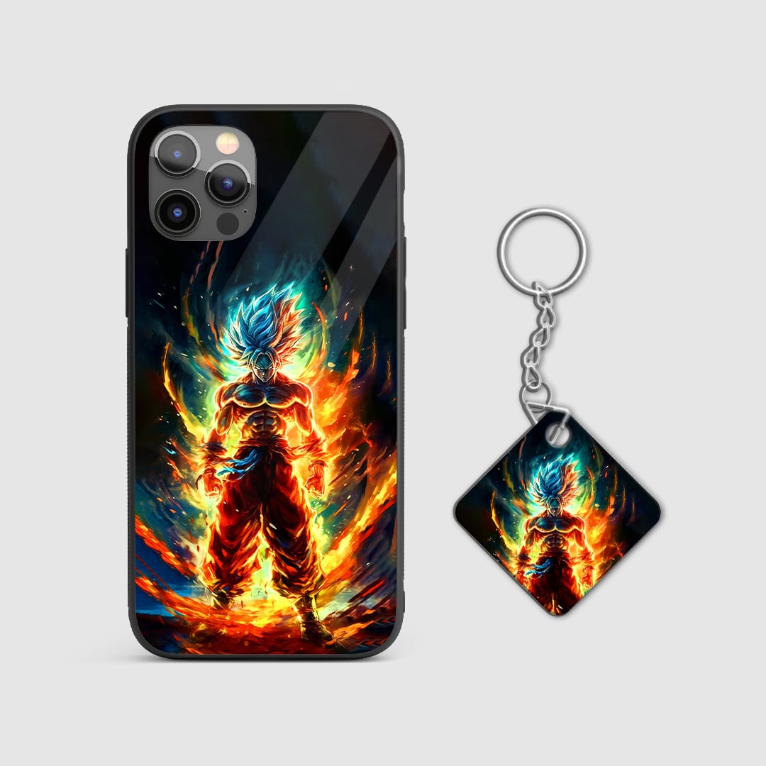 Vibrant depiction of Goku as a Super Saiyan with powerful energy aura on the silicone armored phone case with Keychain.