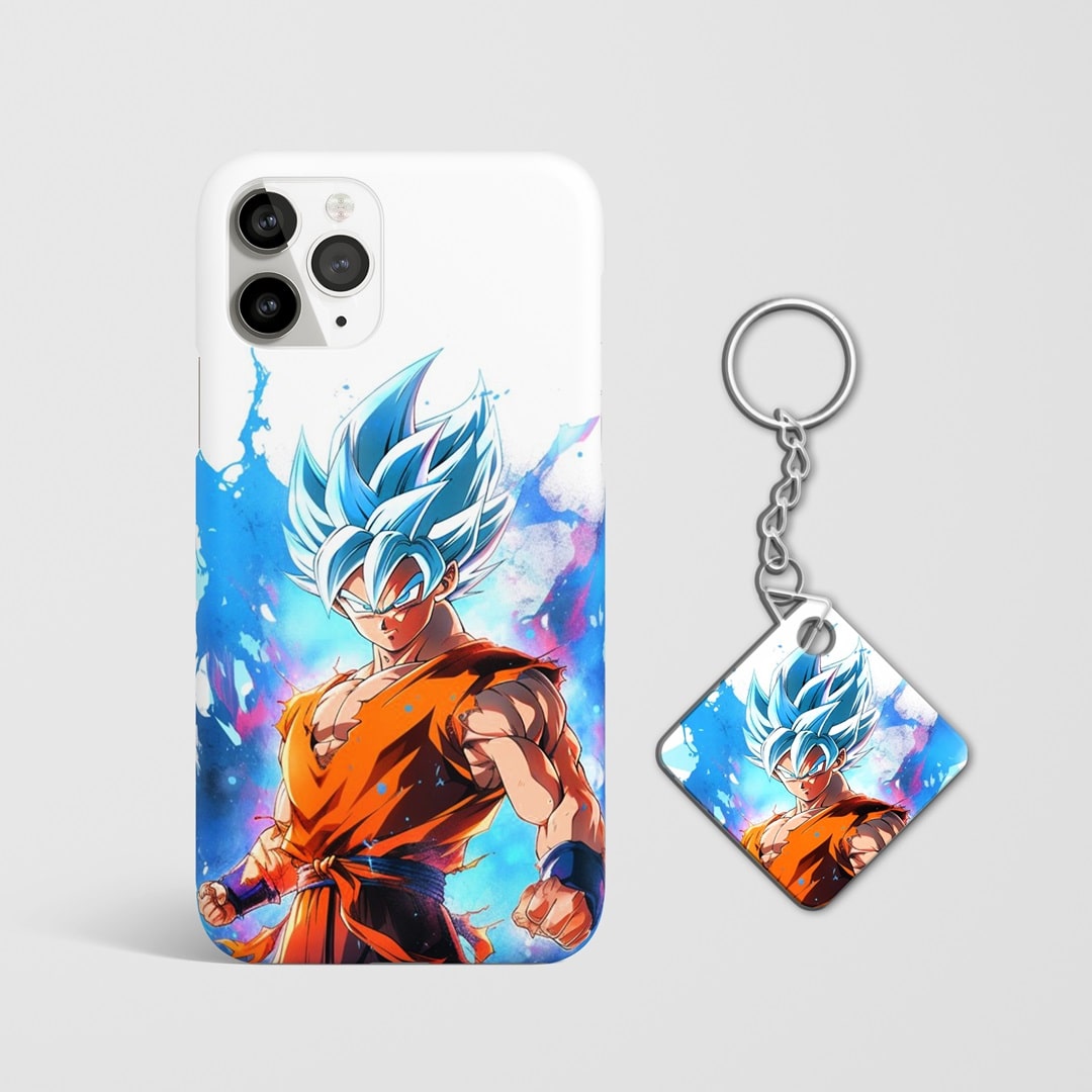 Close-up view of Goku Super Saiyan Blue energy burst on phone case with Keychain.
