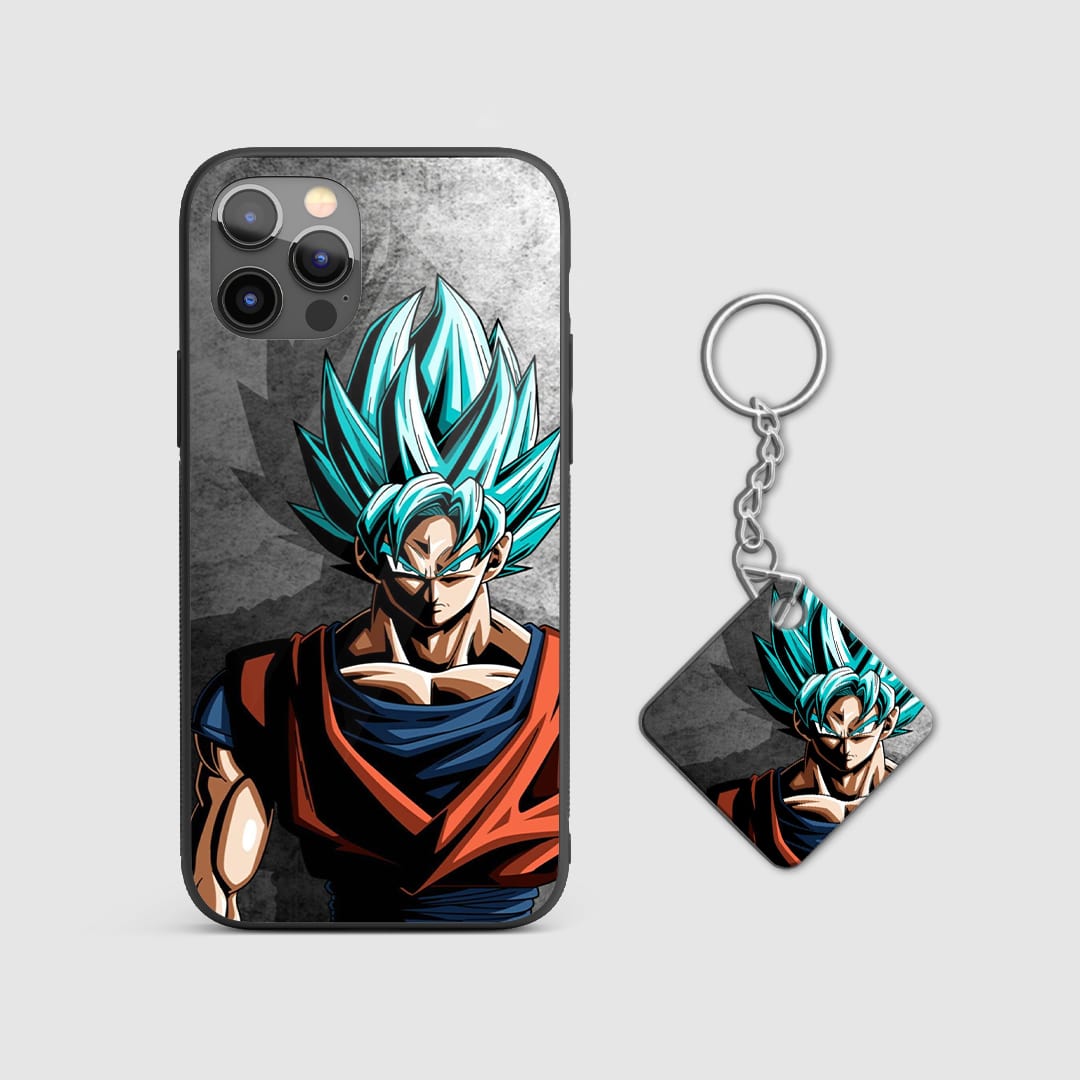Elegant and subdued illustration of Goku on the durable silicone armored phone case with Keychain.
