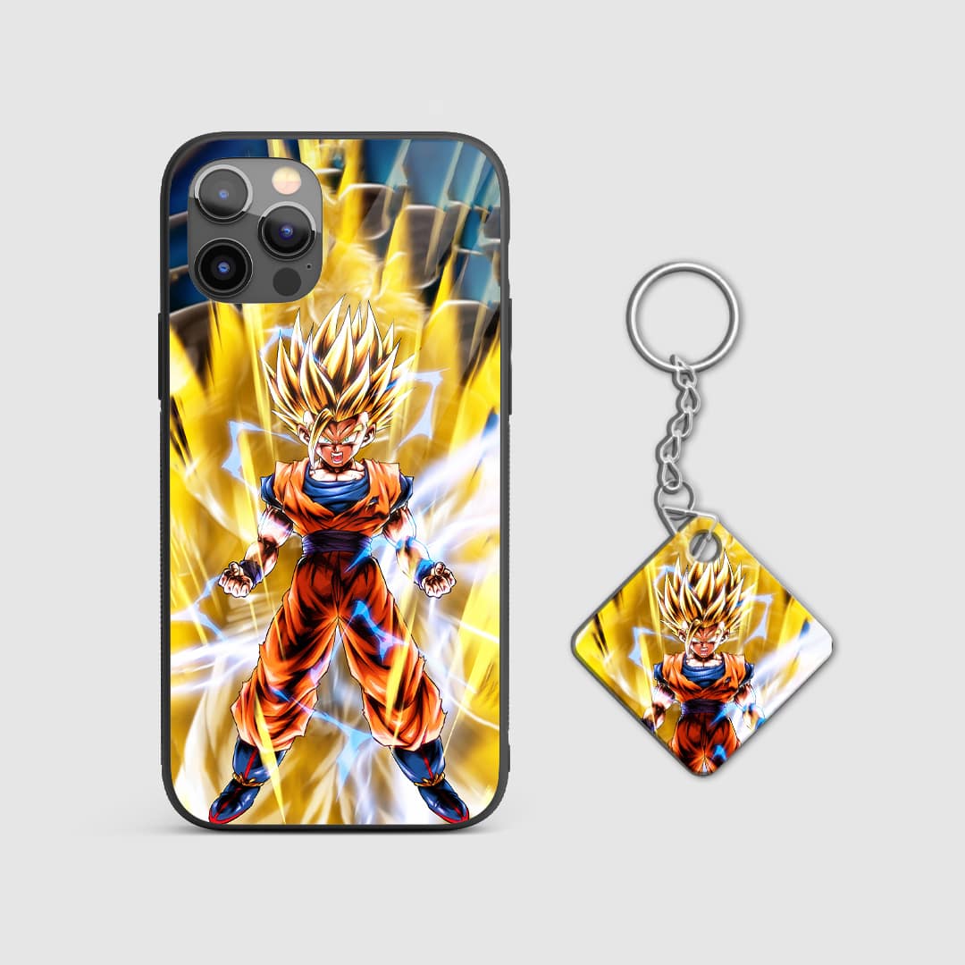 Vivid illustration of Goku as a Super Saiyan with golden aura on the silicone armored phone case with Keychain.