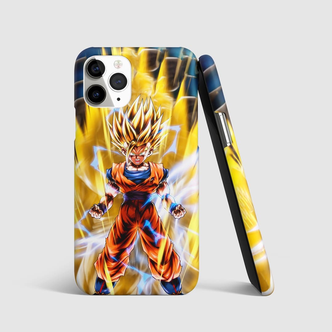 Goku Super Saiyan Two with lightning effects on phone cover.