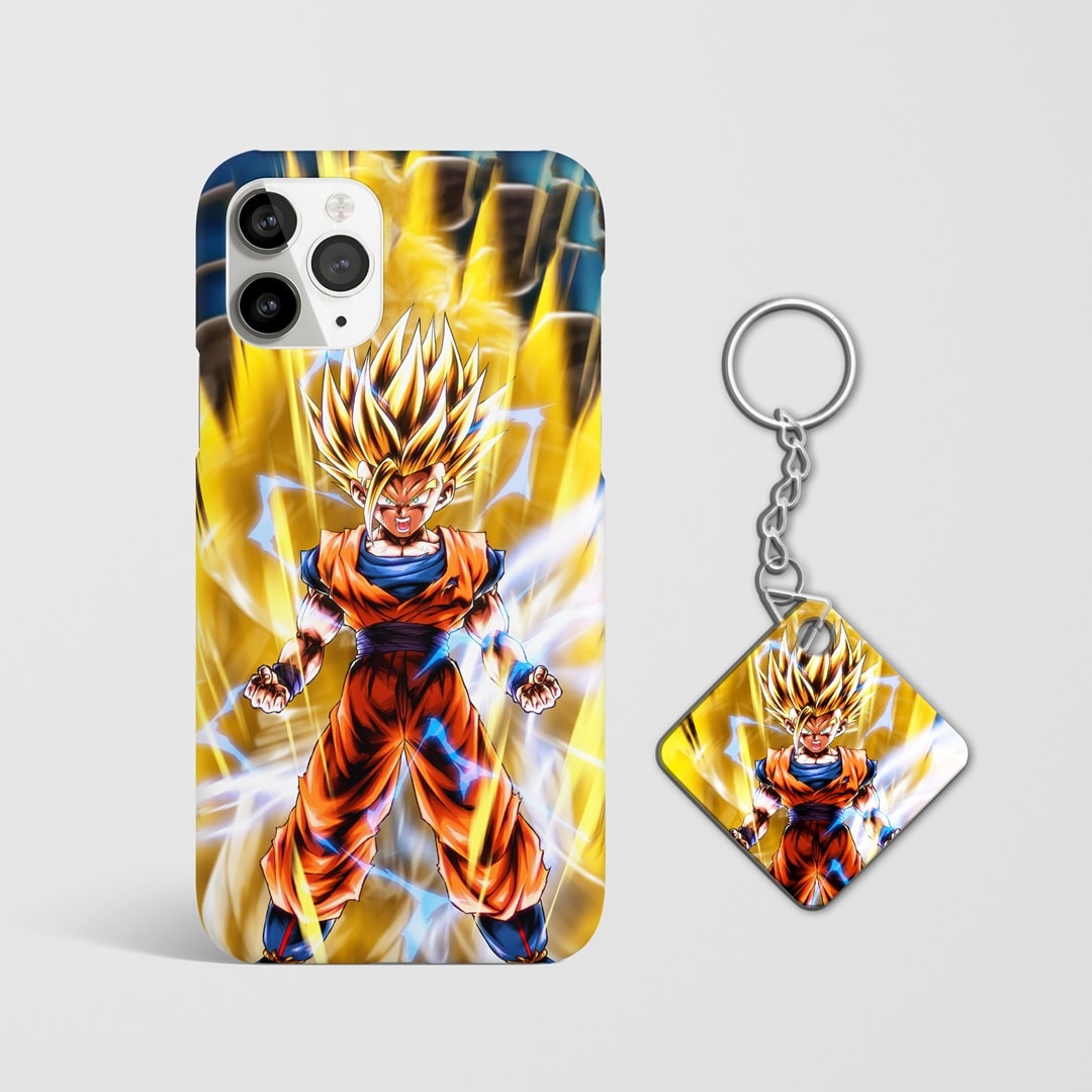 Close-up of Goku’s fierce SS2 transformation on phone case with Keychain.