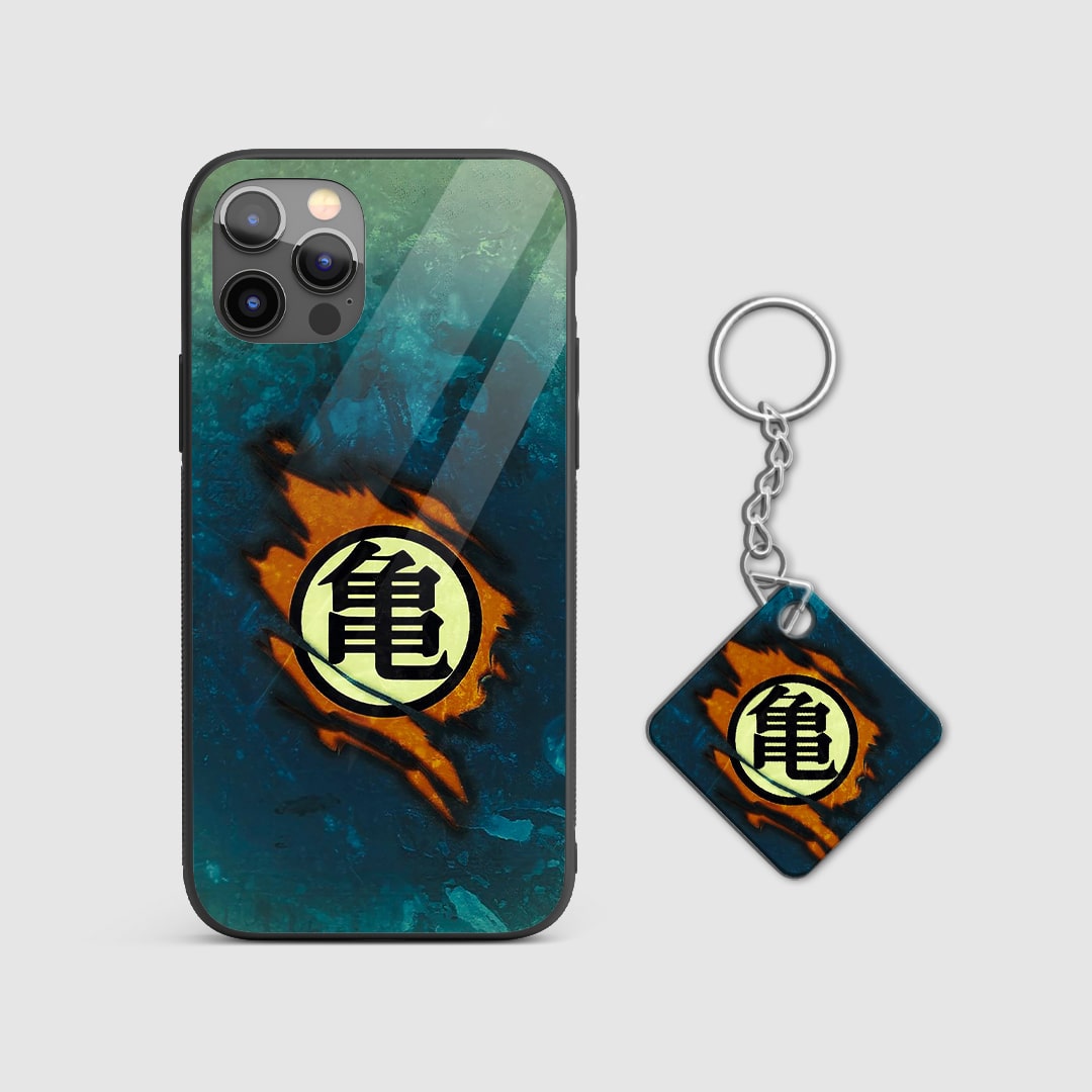 Close-up of the Goku Saiyan symbol on the durable silicone armored phone case with Keychain.