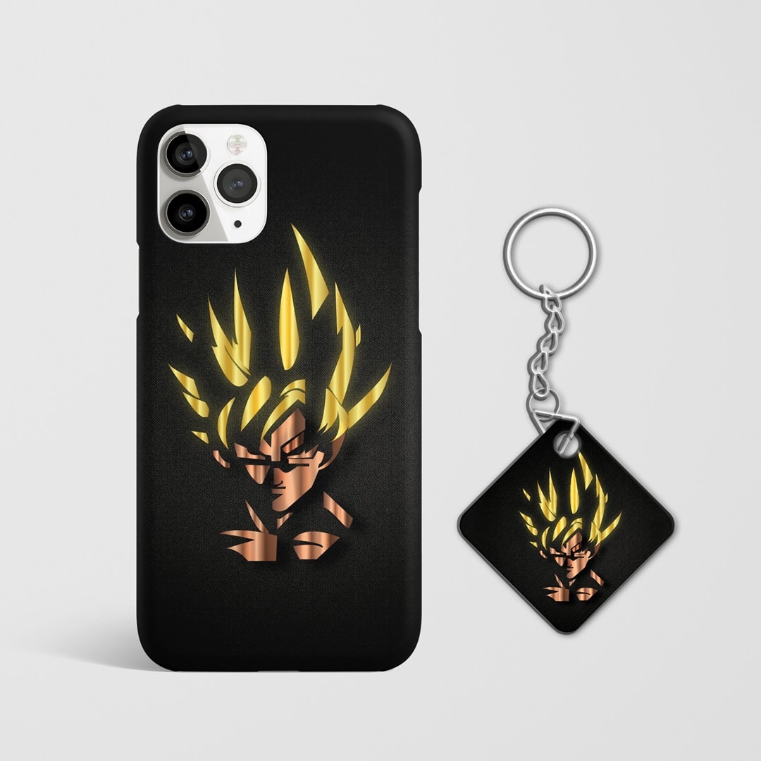 Close-up of the intricate Goku texture pattern on phone case with Keychain.