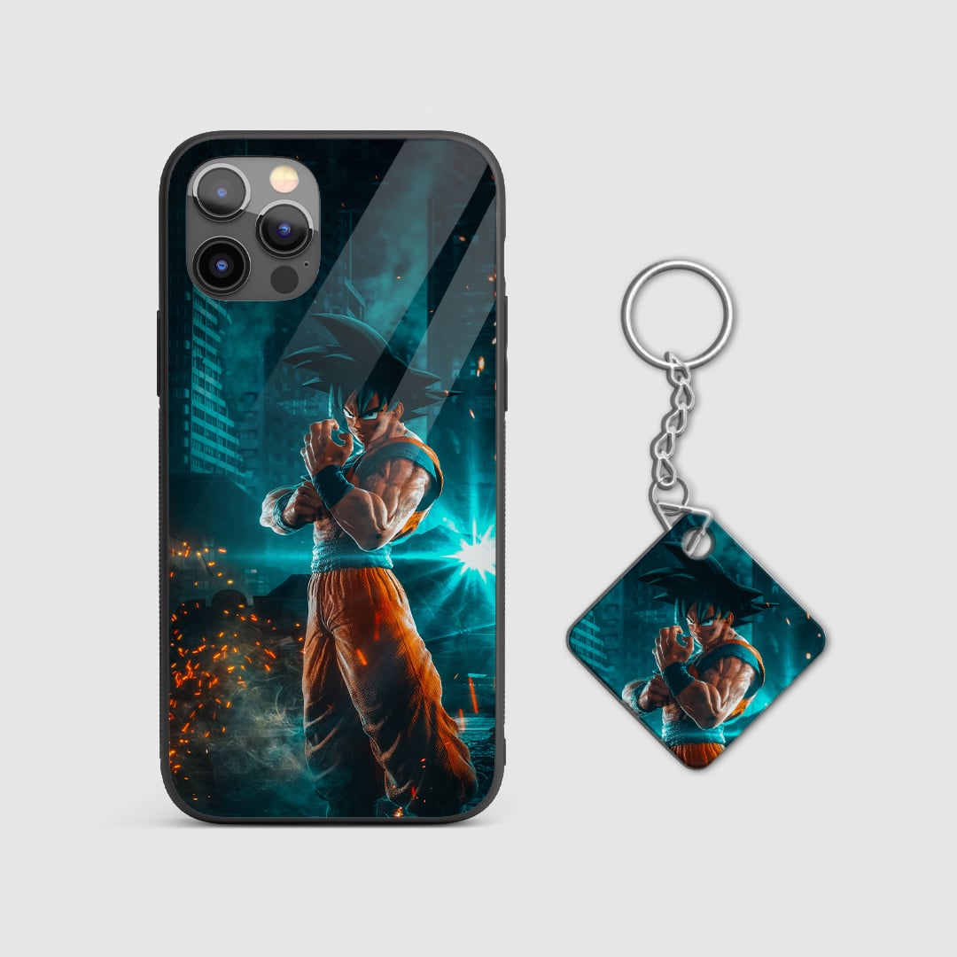 Dynamic artwork of Goku training hard on the silicone armored phone case with Keychain.