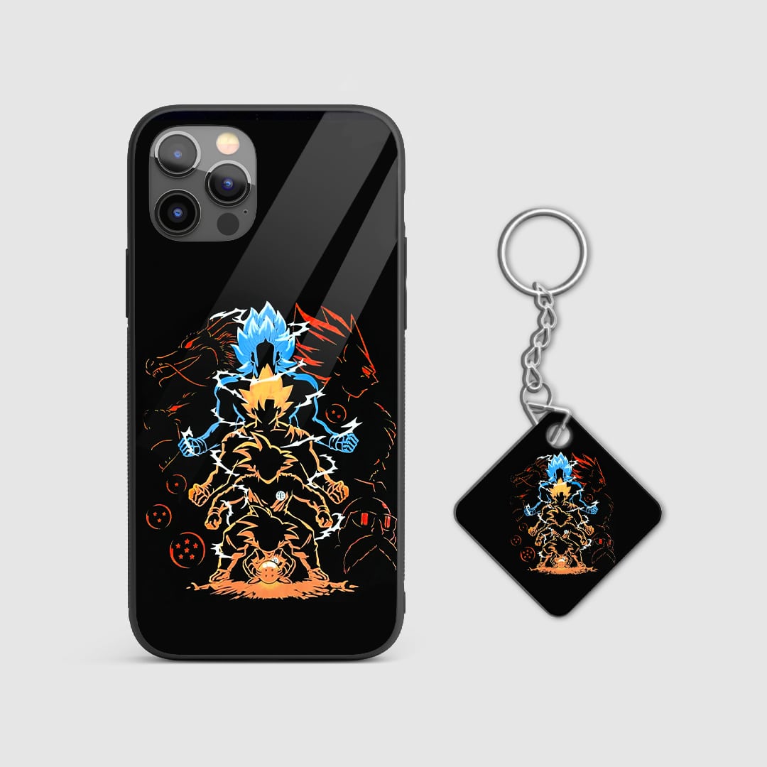 Artistic rendering of Goku’s transformations with vibrant energy effects on the phone case with Keychain.