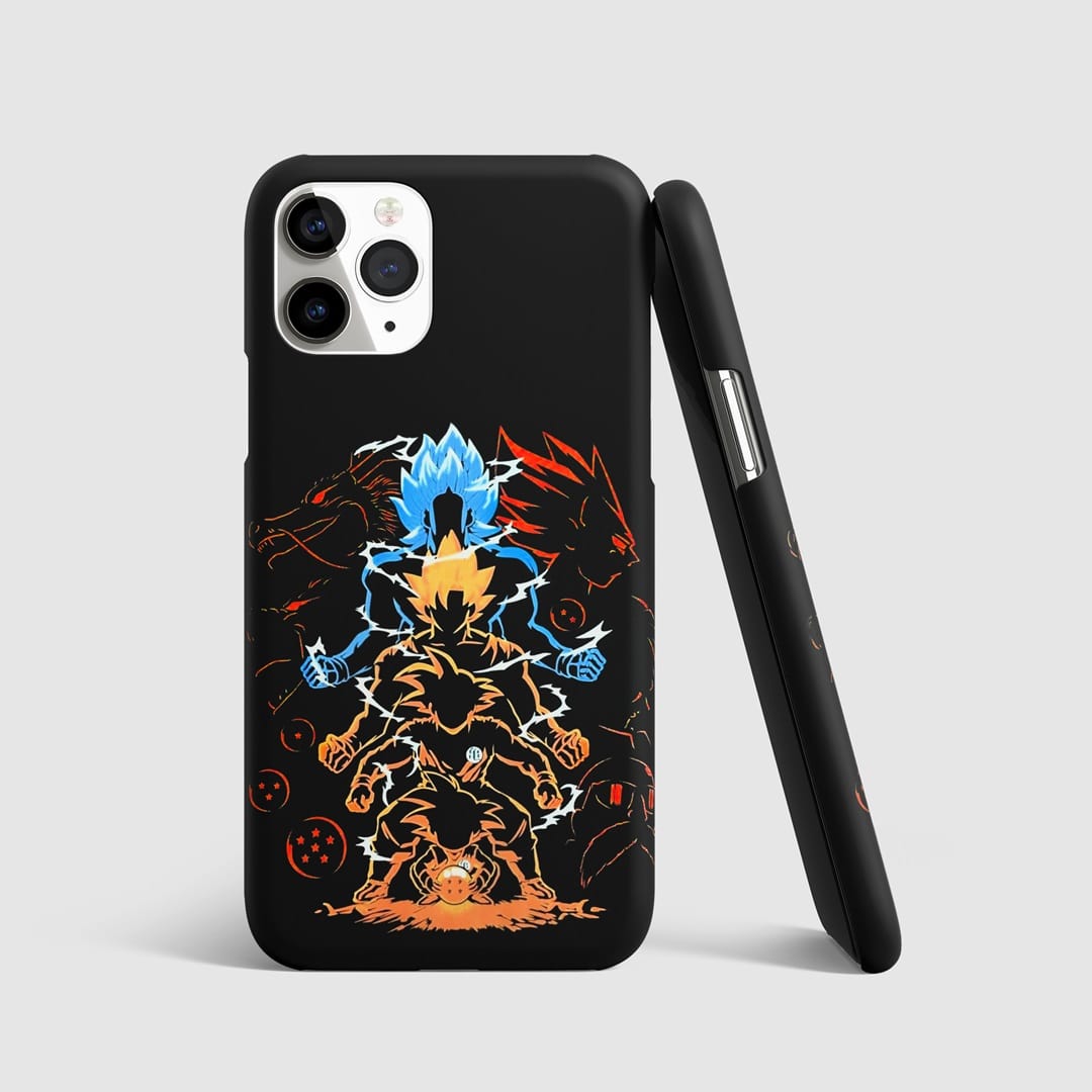 Goku showcasing multiple transformations on phone cover.