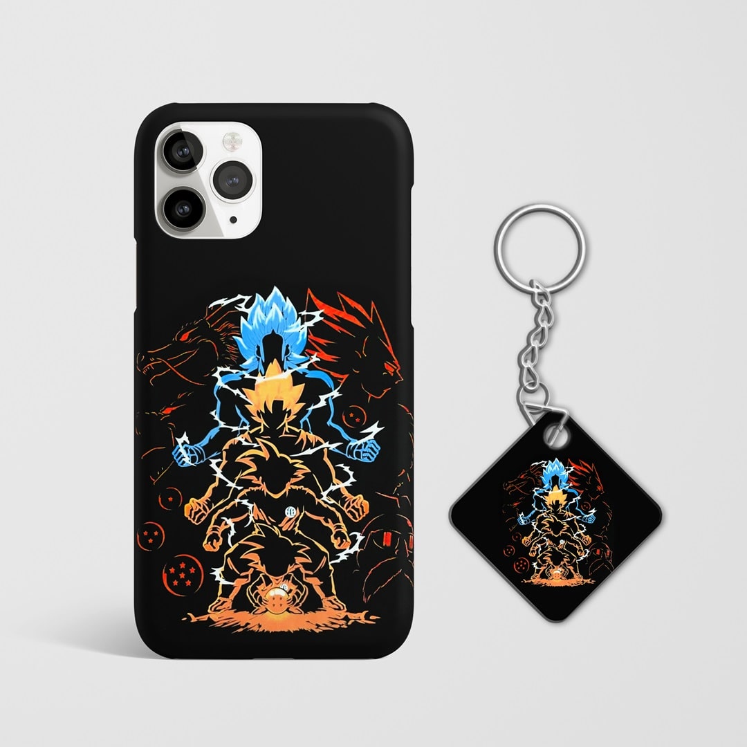 Detailed view of Goku's transformation stages on phone case with Keychain.