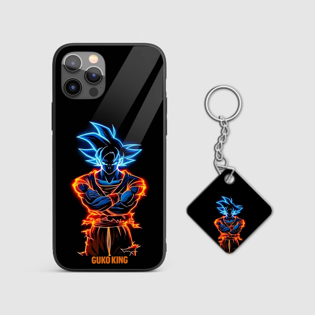 Back view of Goku King Case featuring royal Goku anime artwork with Keychain.