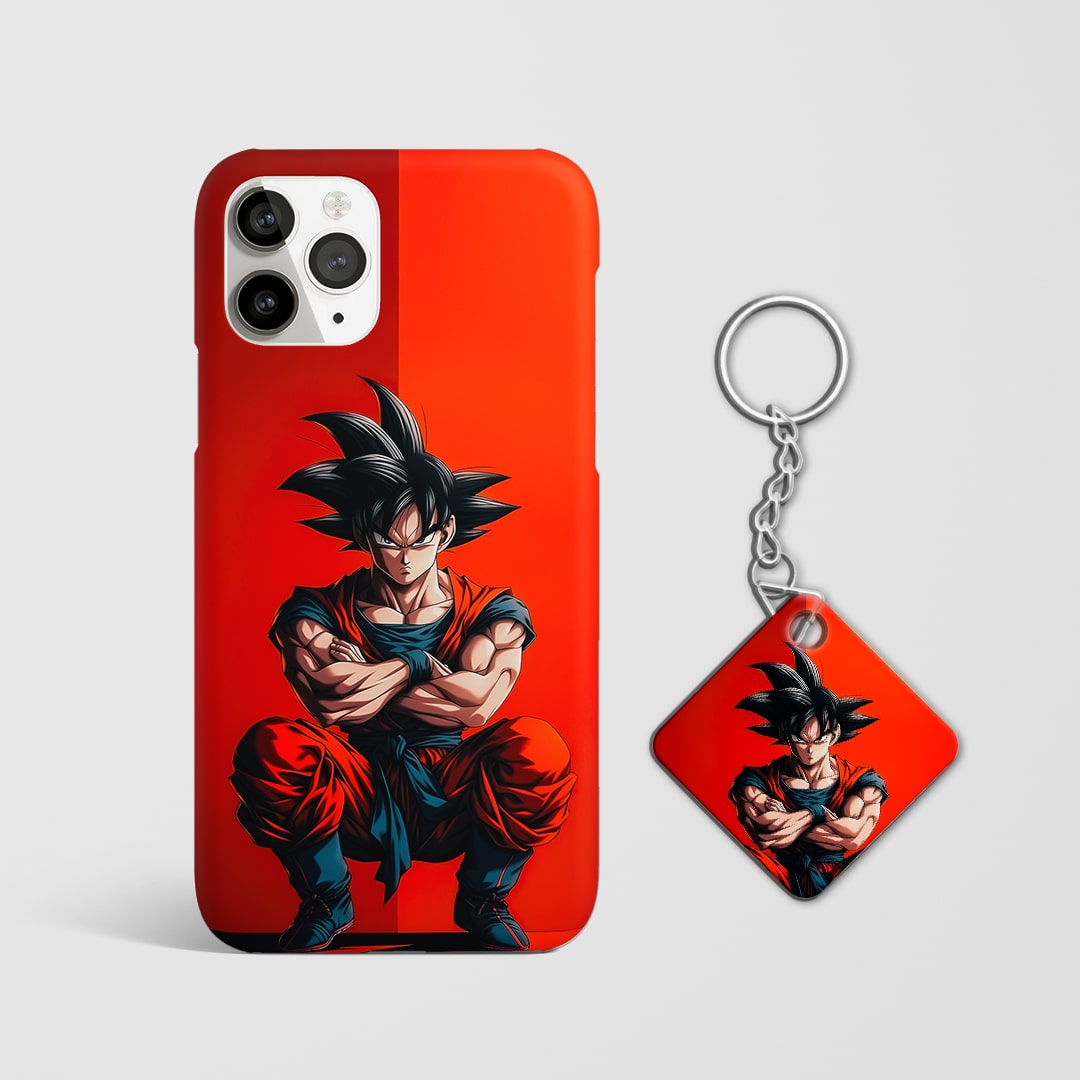 Back view of Goku Red Phone Cover featuring fiery Dragon Ball design with Keychain.