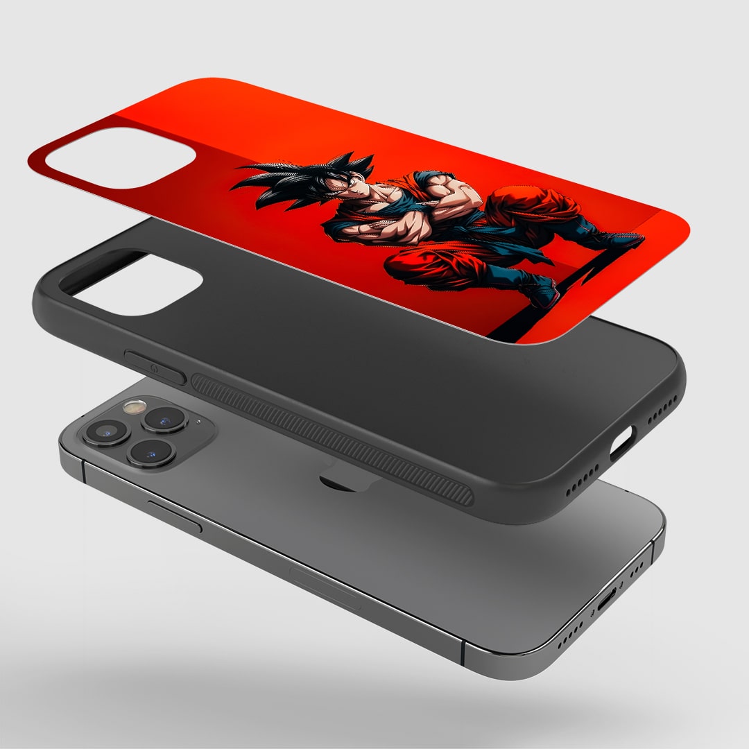 Angled view of Goku Red Phone Case showcasing powerful anime energy.