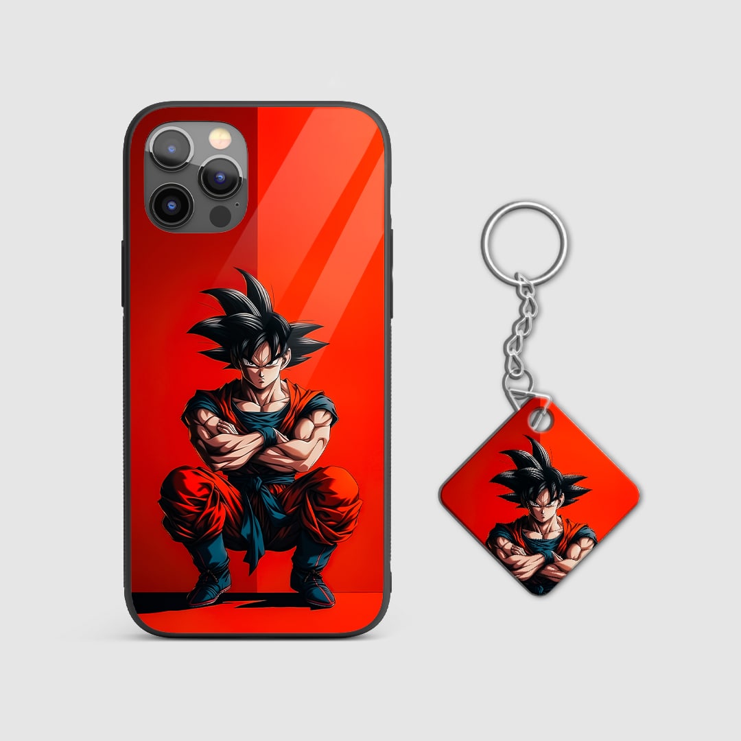 Back view of Goku Red Case featuring intense red Goku artwork with Keychain.