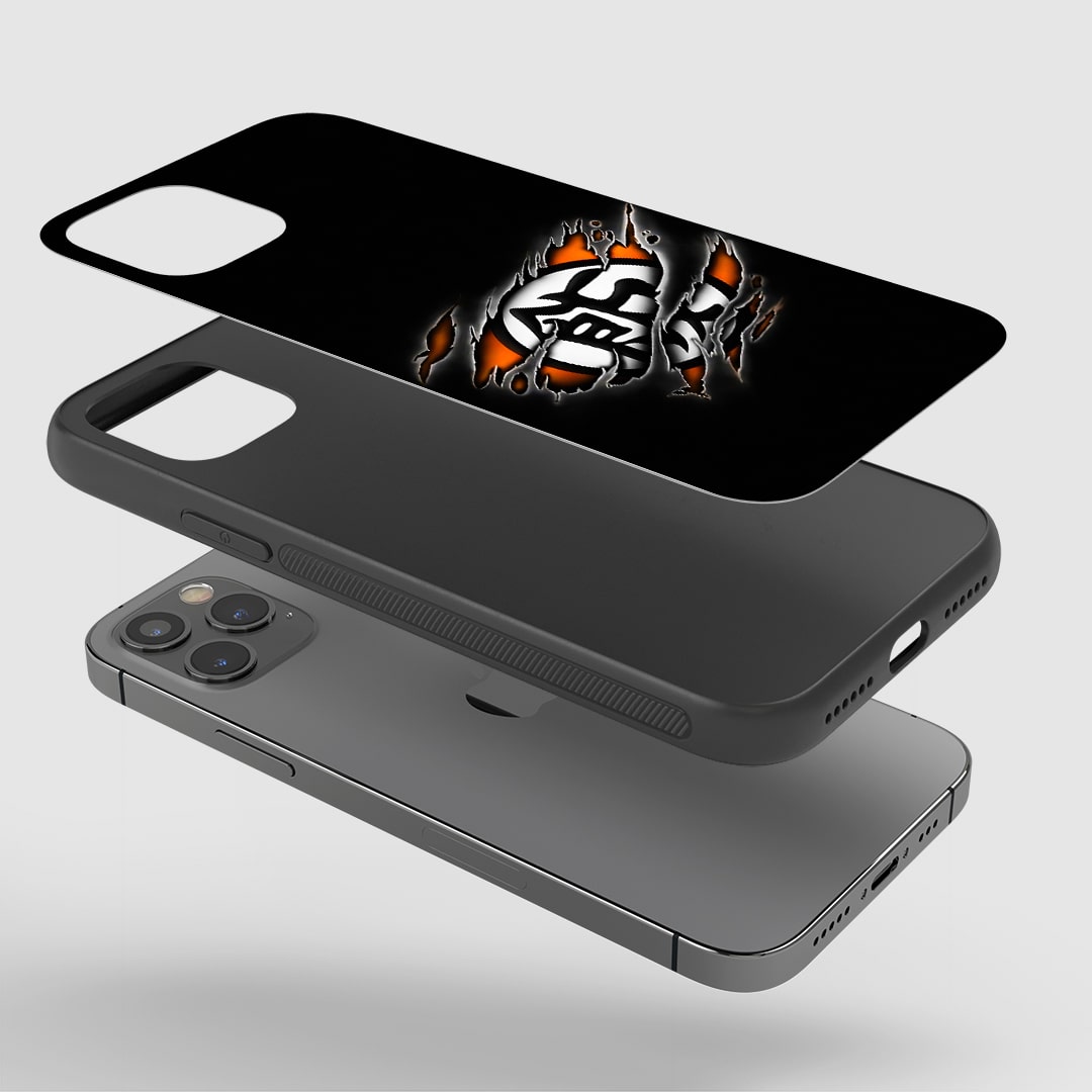 Angled view of Goku Symbol Minimal Case showing minimalist anime style.