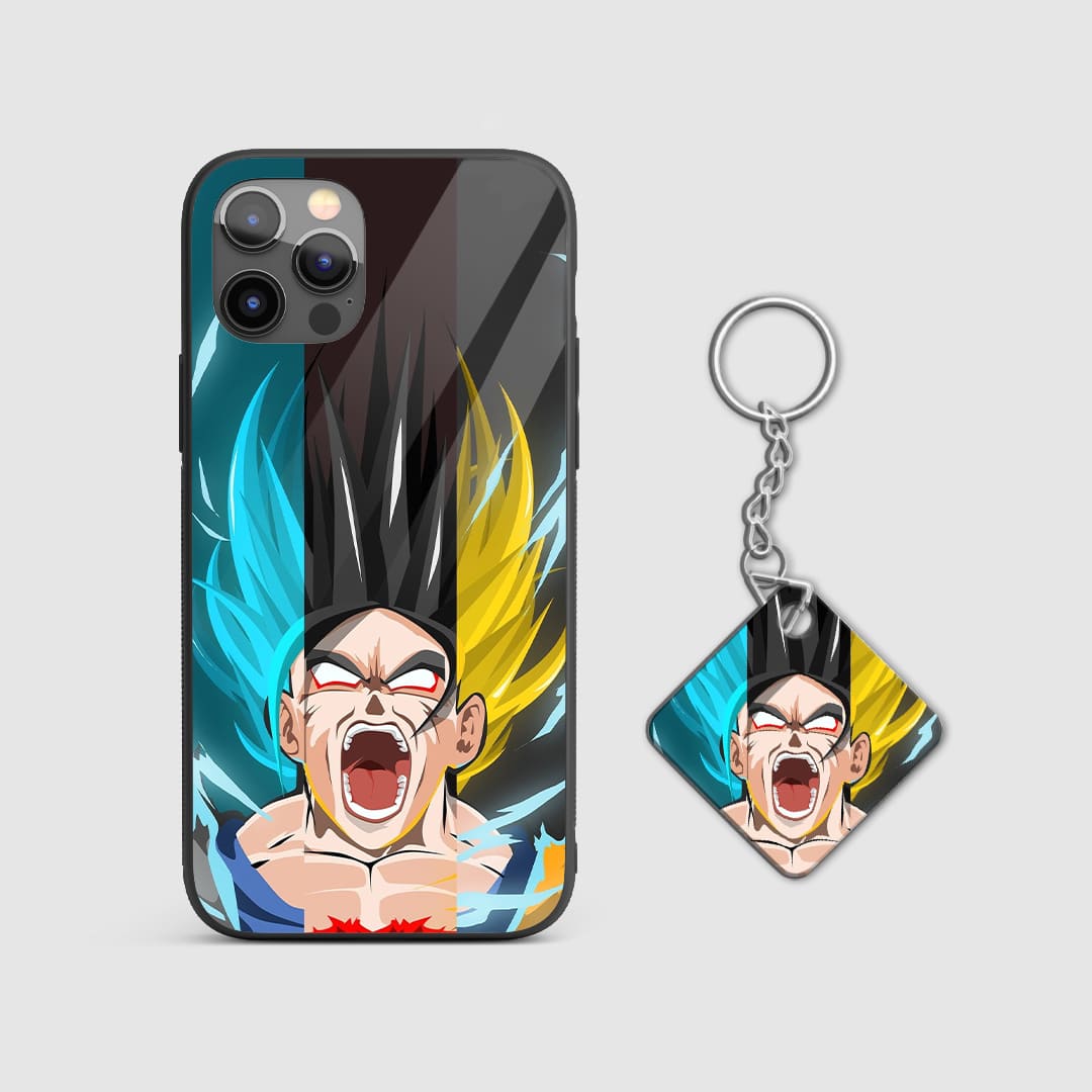 Dynamic depiction of Goku and Vegeta teaming up on a high-quality silicone phone case with Keychain.