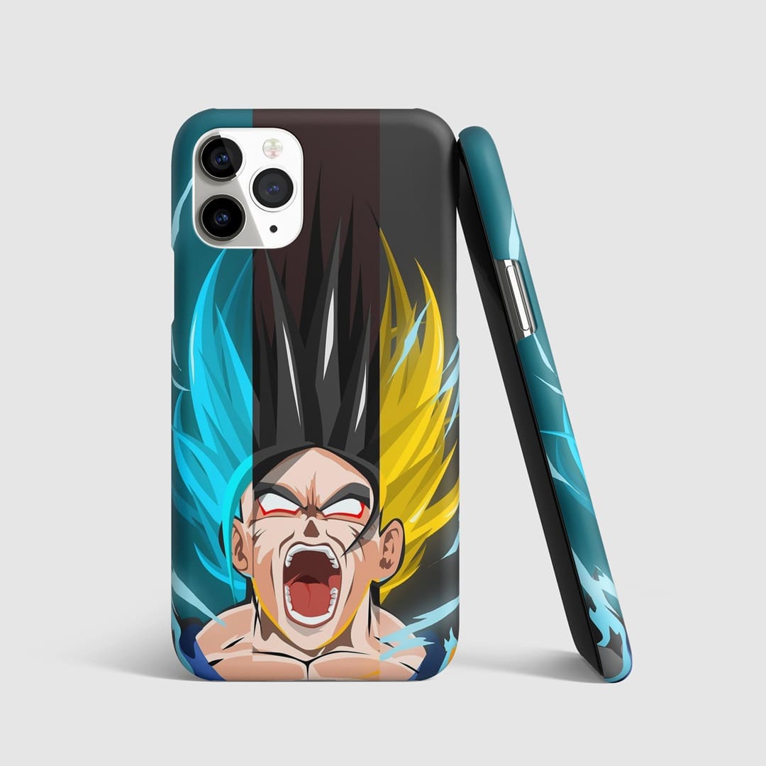 Goku and Vegeta transforming together on a dynamic phone cover.