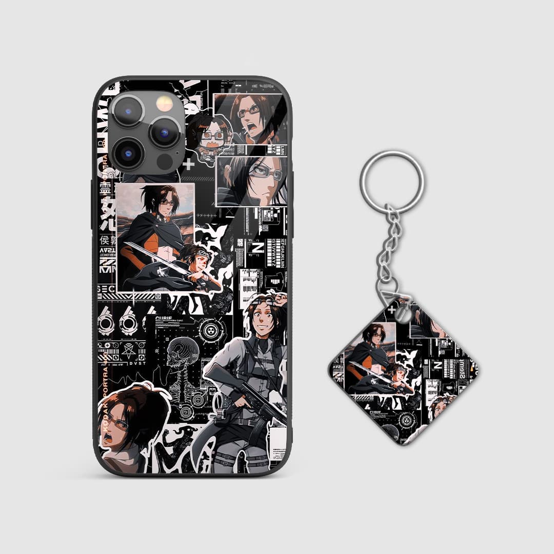 Energetic collage design of Hange Zoe from Attack on Titan on a durable silicone phone case with Keychain.