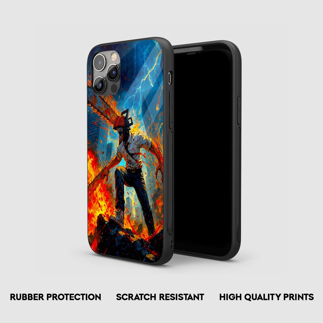 Side angle of Hellfire Hero anime armored phone case
