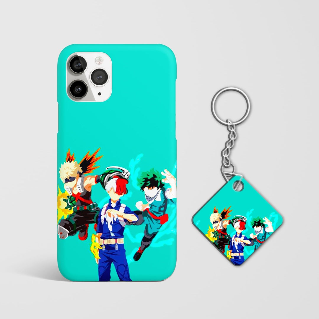 Deku, Bakugo, and Todoroki Hero Squad phone cover with Keychain