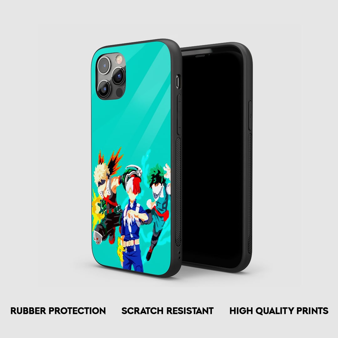 My Hero Academia phone case featuring Deku, Bakugo, and Todoroki