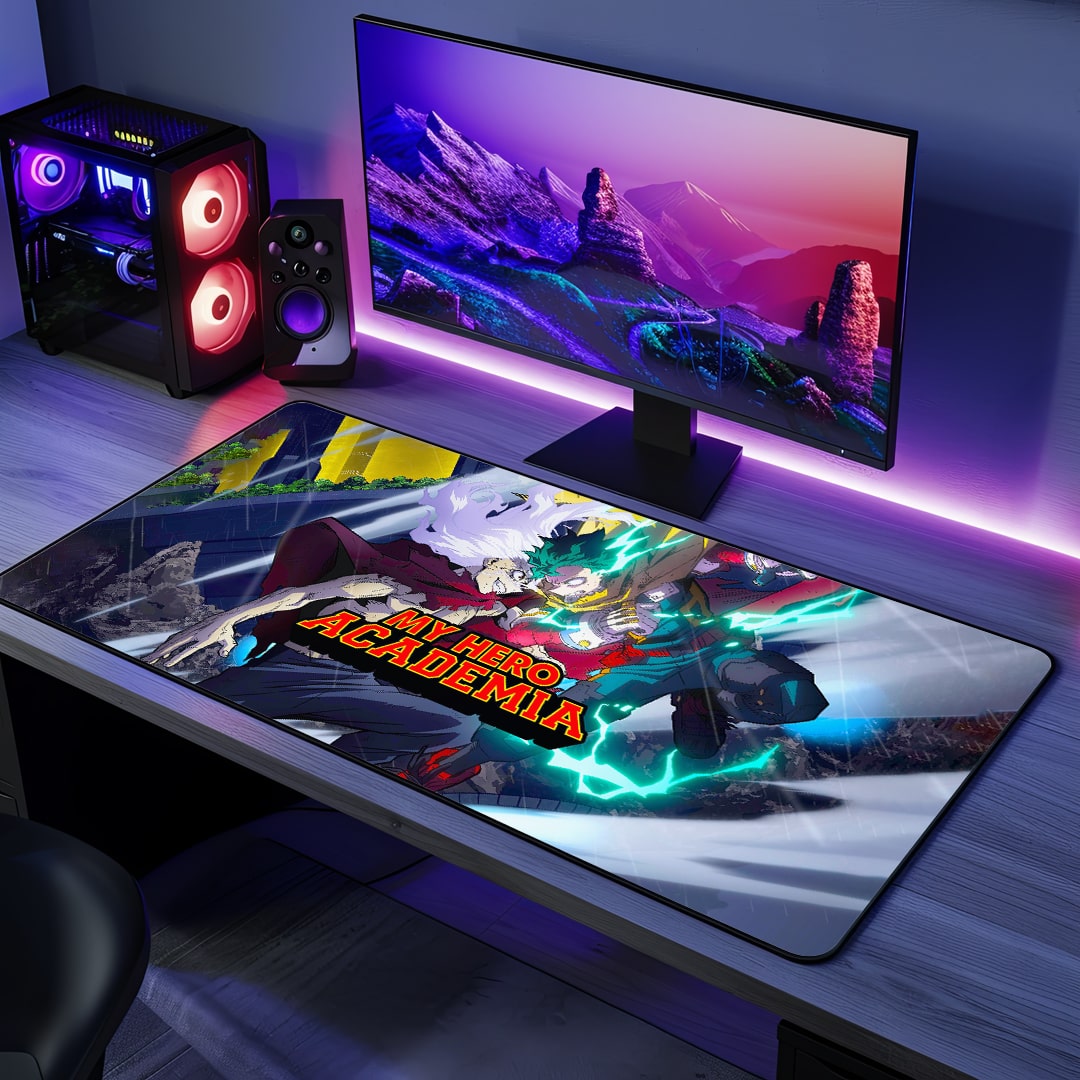 Heroes vs Villains anime desk mat top view